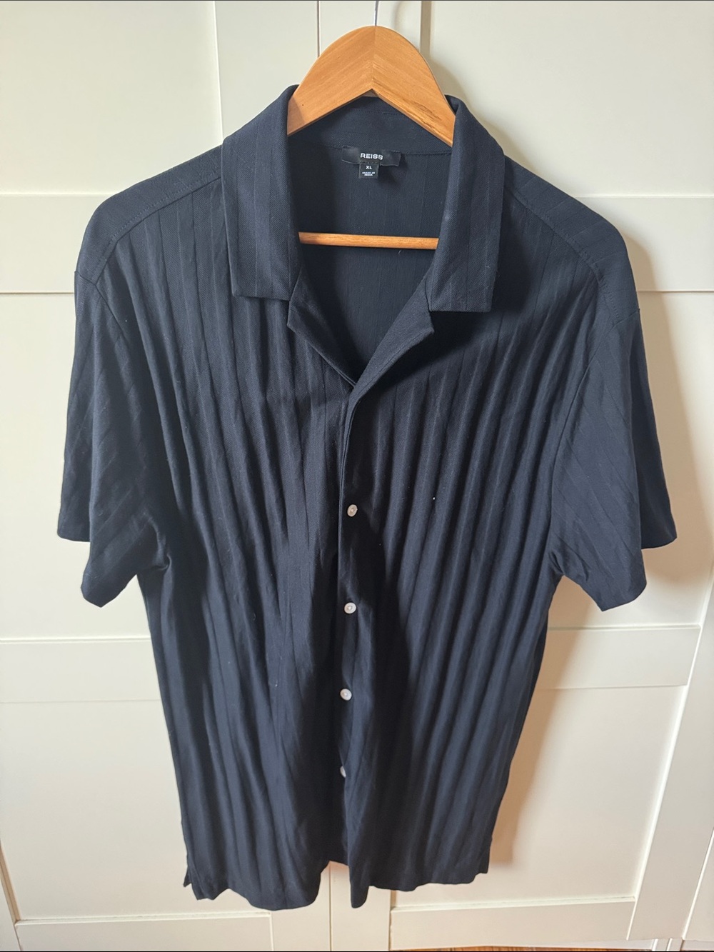 Reiss Navy Short-Sleeve Textured Button-Down Shirt